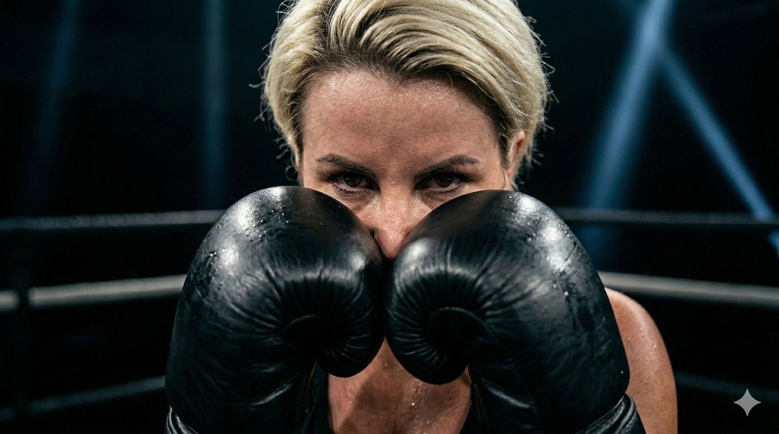 Cristiane preparada para luta com luvas levantadas